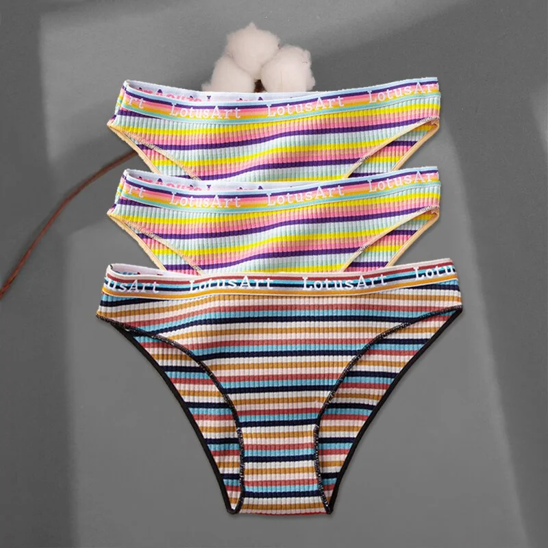 FINETOO 3Pcs/set Colorful Stripes Panties Women's Cotton Briefs M-XL Low-Rise Rainbow Underwear Ladies Underpants Girls Panties