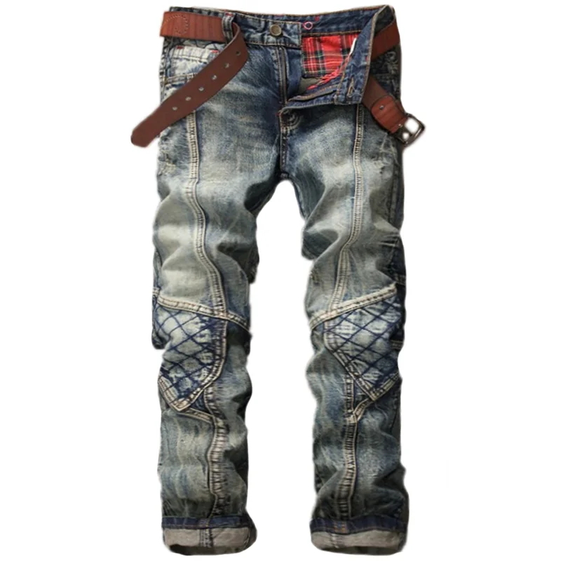 Men's retro stitching motorcycle jeans / [viawink] /