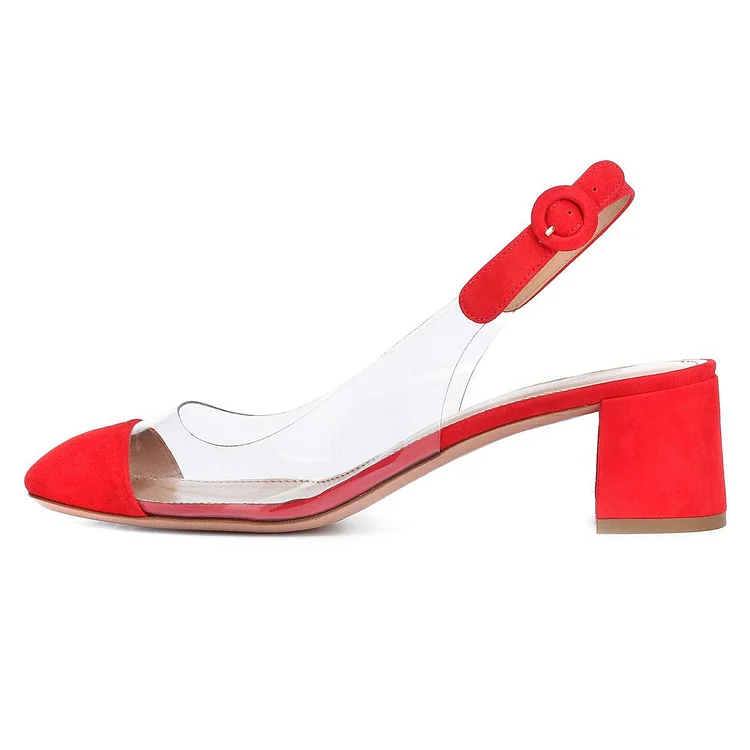 Red Clear Slingback Block Heels Pumps |FSJ Shoes