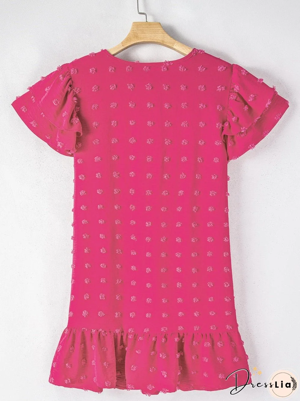 Strawberry Pink Jacquard Ruffle Sleeve Plus Size Mini Dress