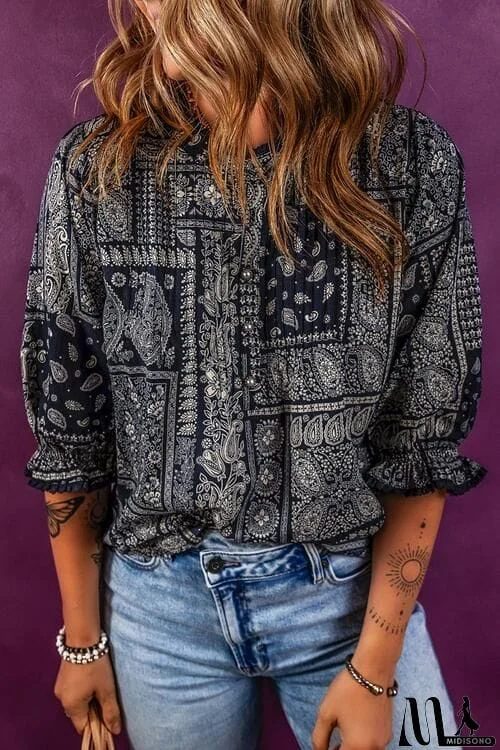 Printed Buttoned Flounce Sleeve Blouse