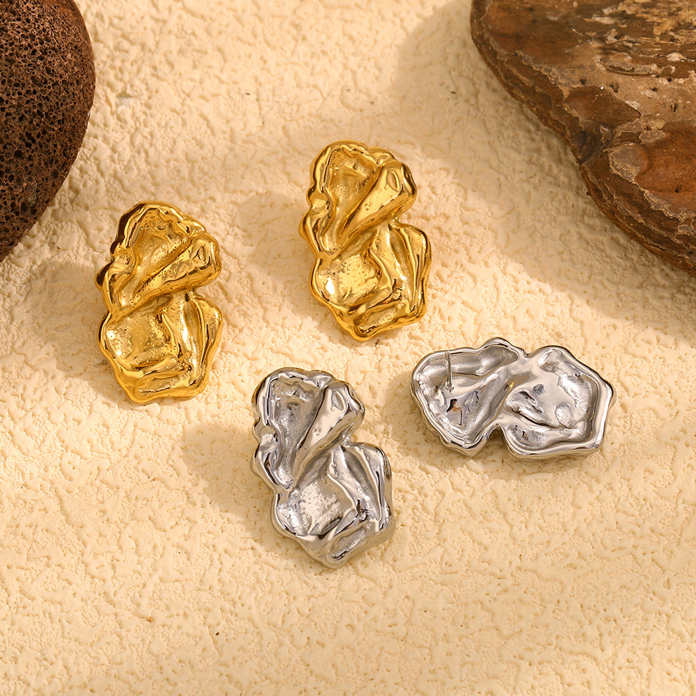 Retro French Earrings Stainless Steel Plated 18K Gold Vintage Irregular Fold Earrings For Women