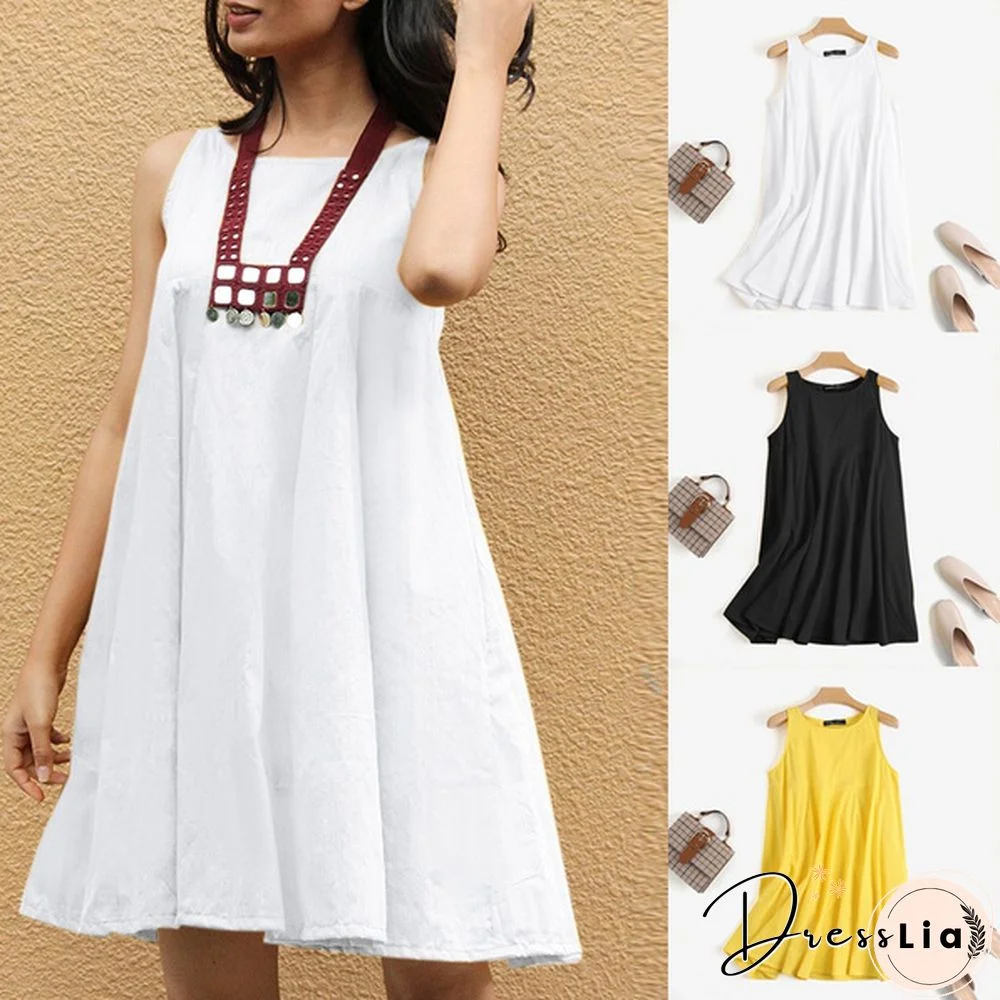 Women Sleeveless Mini Dress Summer Cotton Party Casual Loose Pleated Dress Plus Size Clothes