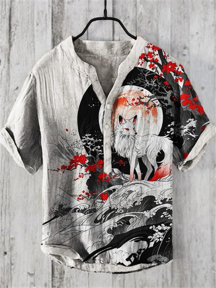 VChics Men's Mythical Fox Plum Blossom Japanese Art Linen Shirt