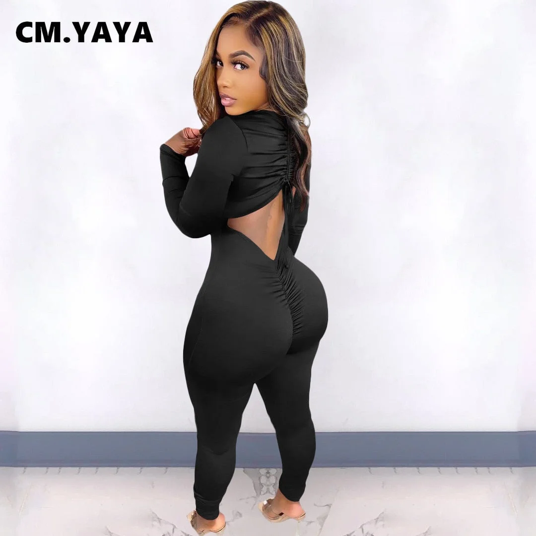 CM.YAYA Women Long Sleeve Ruched Open Back V-neck Jumpsuit Streetwear Sexy Party Solid High Waist One Piece Overall Playsuits