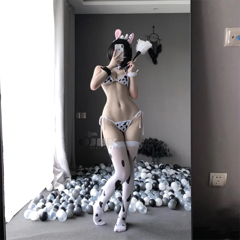 OJBK Cow Sexy Cosplay Costume Maid Tankini Swimsuit Anime Bikini Set Girls Swimwear Clothing Lolita Bra and Panty Set Stockings