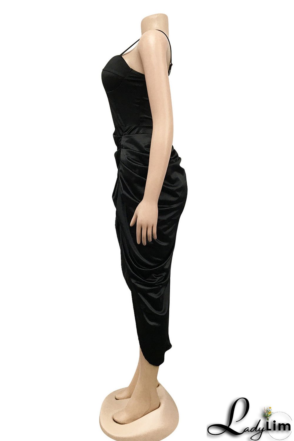 Brownness Fashion Sexy Solid Patchwork Backless Fold Spaghetti Strap Sleeveless Dress