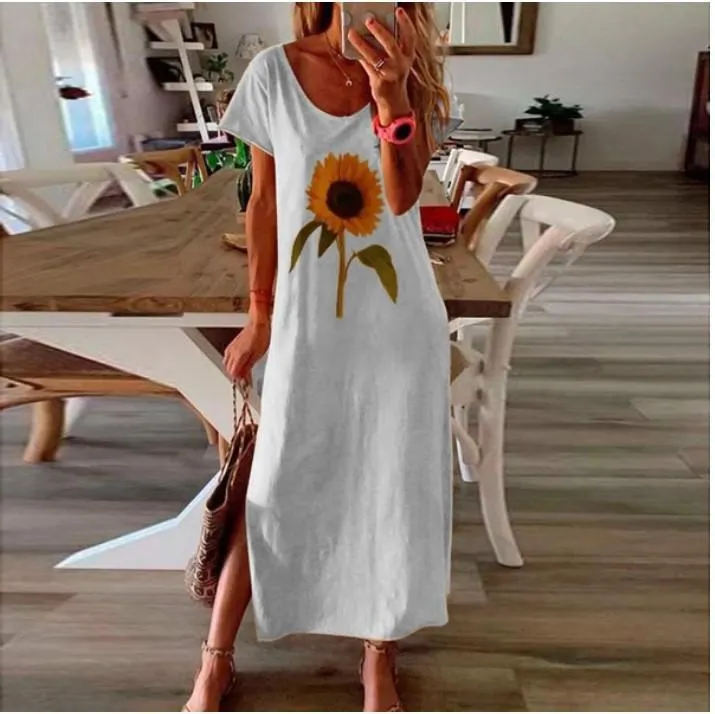 Sunflower 3D Print Split Summer Autumn Dress Women Elegant 2020 White Long Sleeve Plus Size Maxi Dresses for Women Vestidos