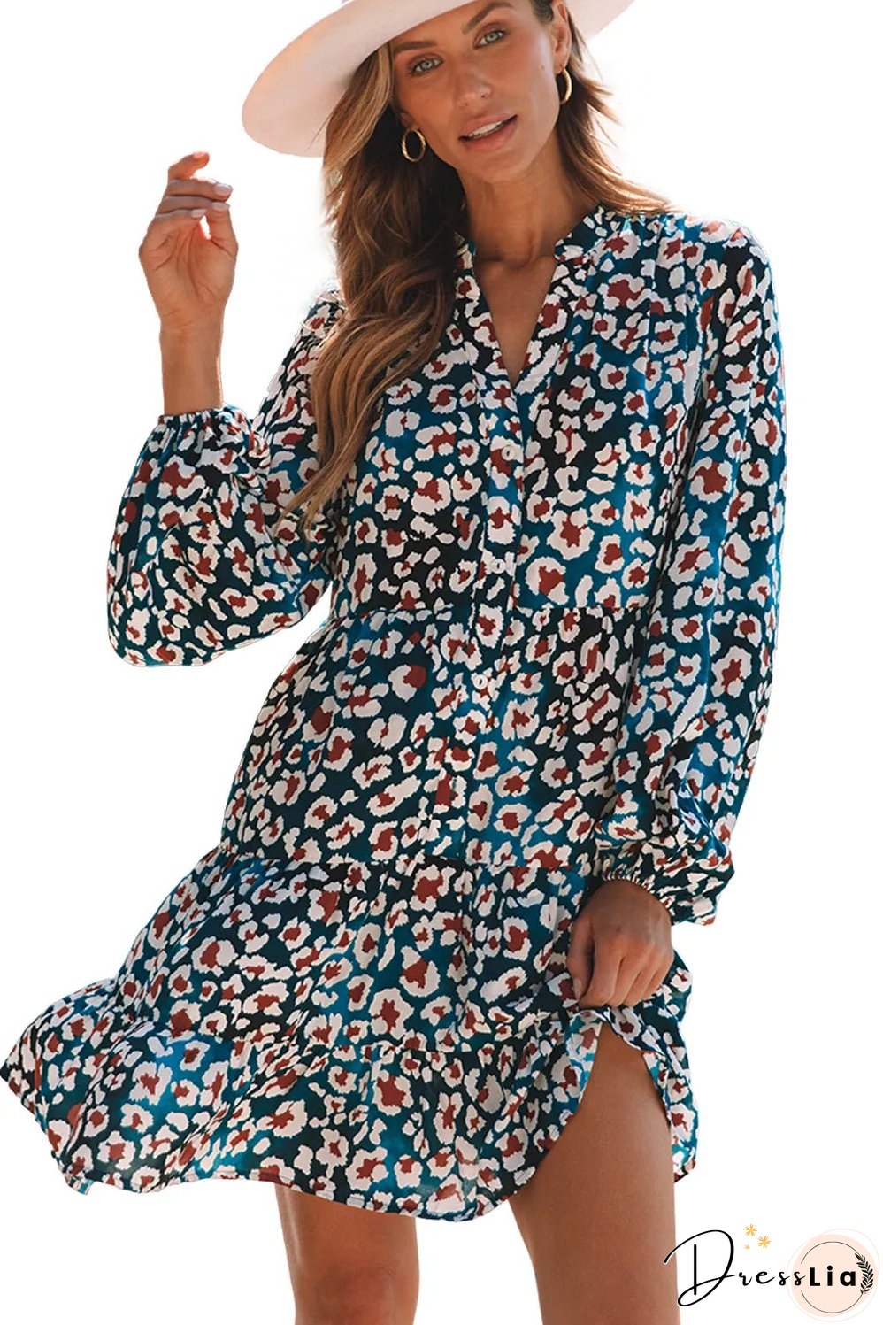 Blue Leopard Print Bubble Sleeve Ruffled Shirt Dress