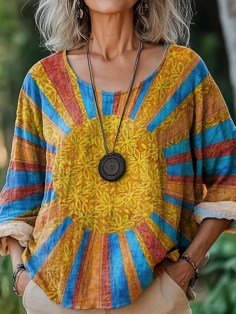 Women's Vintage Sunburst Color Art Print Casual Cotton And Linen Shirt