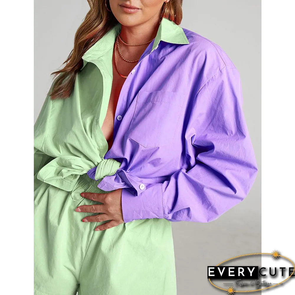 Purple Contrast Button Pocket Shirt and Short Lounge Set