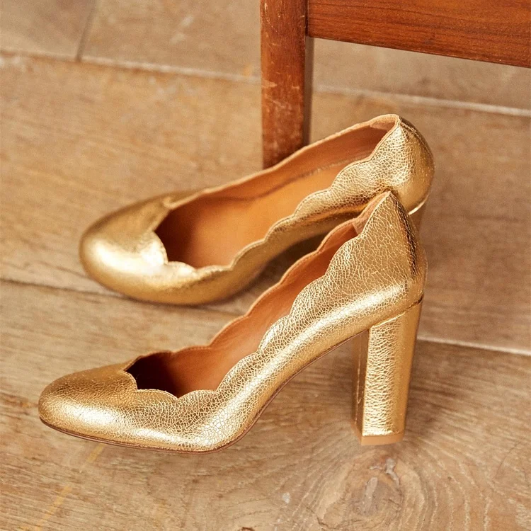 Gold Almond Toe Chunky Heel Pumps with Curve Design Vdcoo
