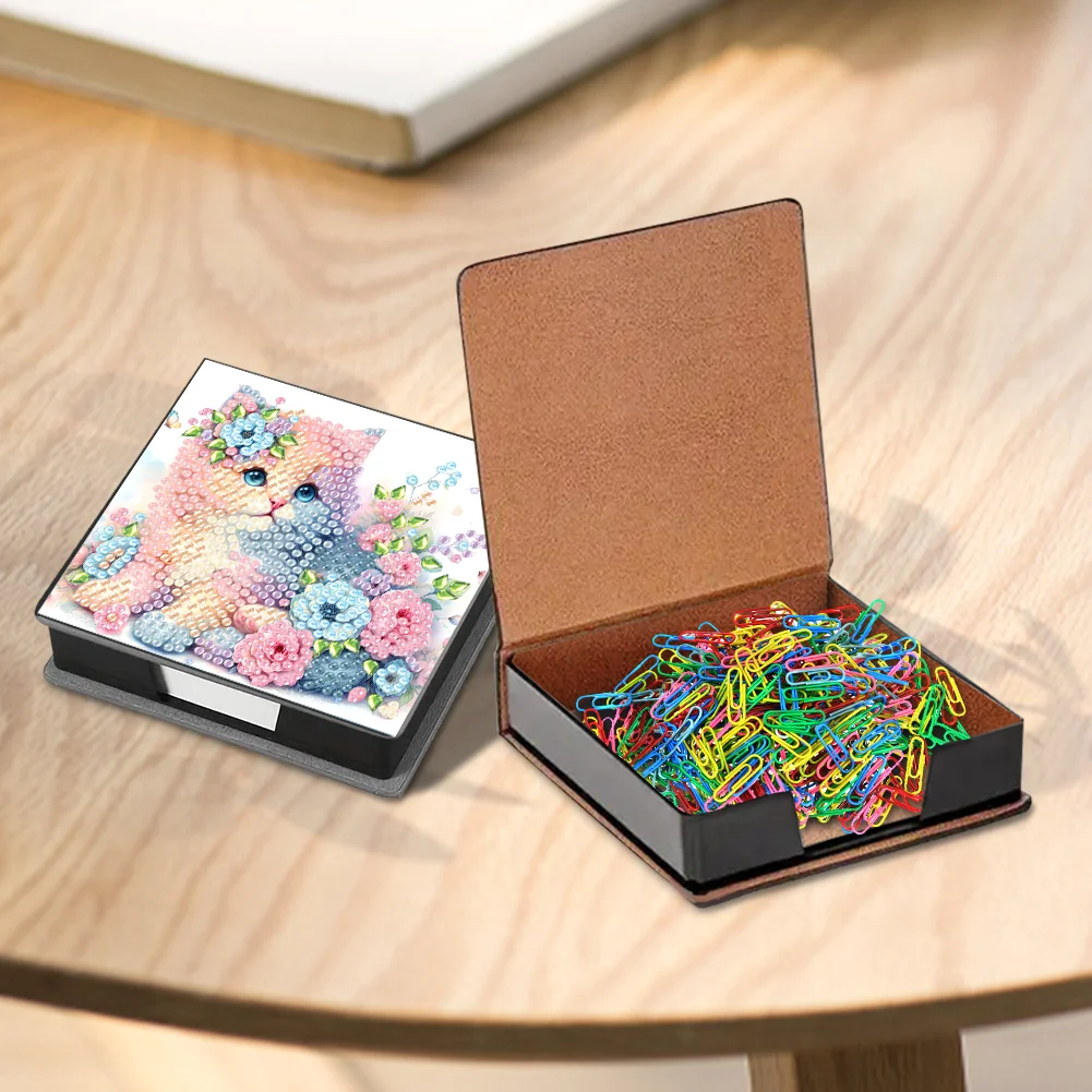 DIY Flower Cat Leather Diamond Art Note Box with 160 Sheets of Paper for Beginners