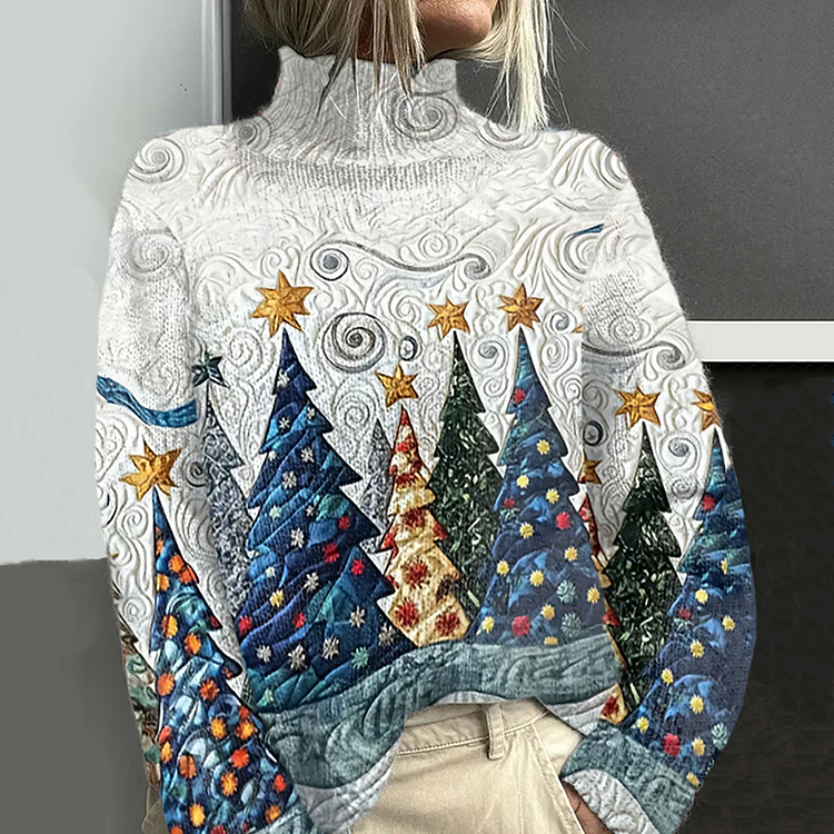 Merry Christmas Tree Printed Print Women's Turtleneck Sweater