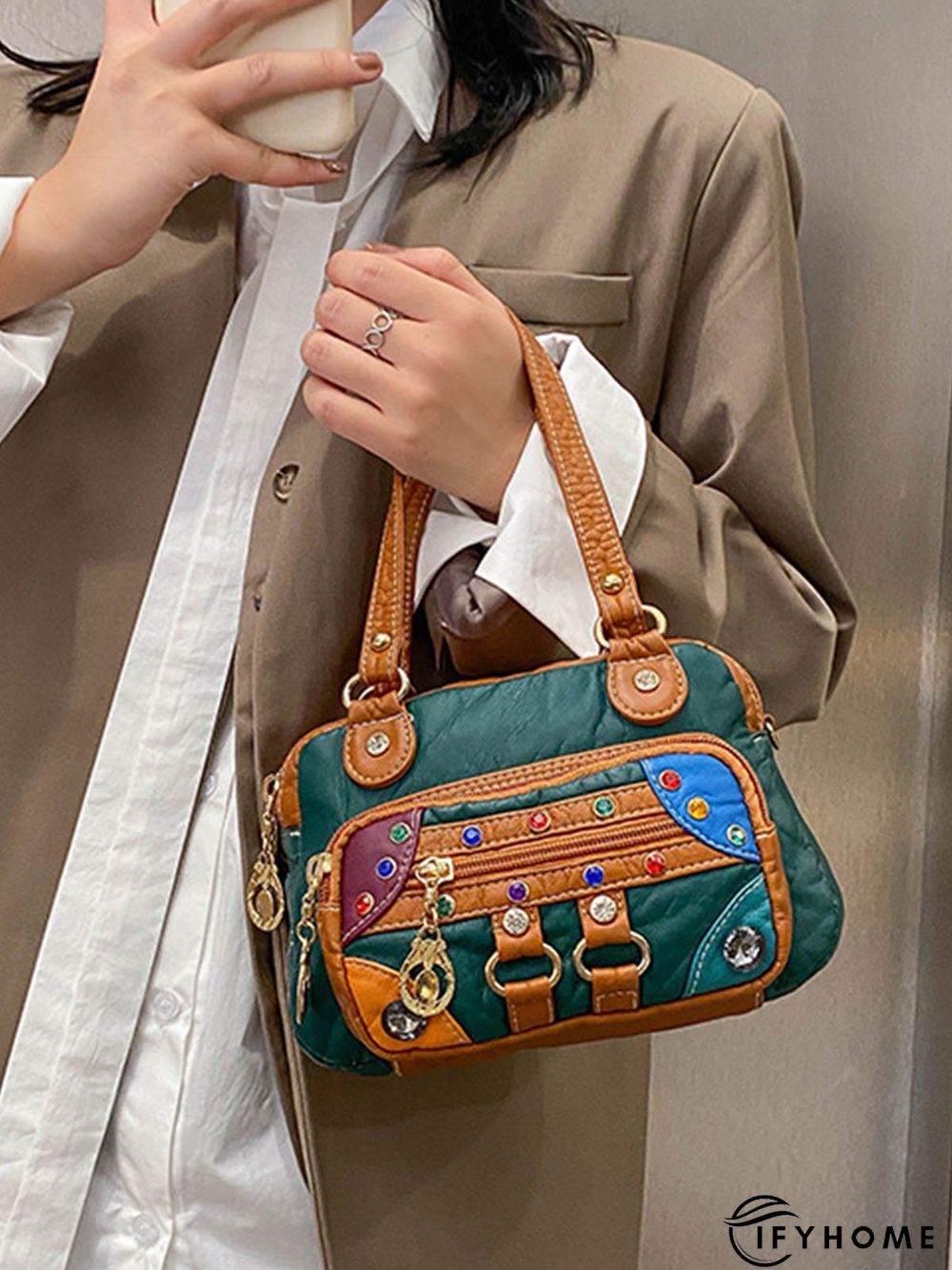 Retro Ethnic Style Mosaic Rhinestone Zipper Messenger Bag | IFYHOME