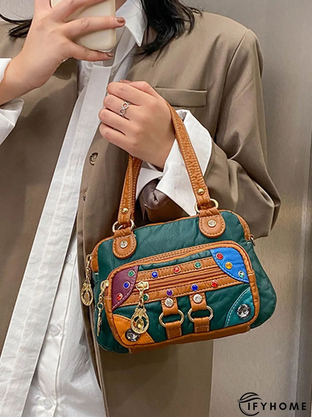 Retro Ethnic Style Mosaic Rhinestone Zipper Messenger Bag | IFYHOME