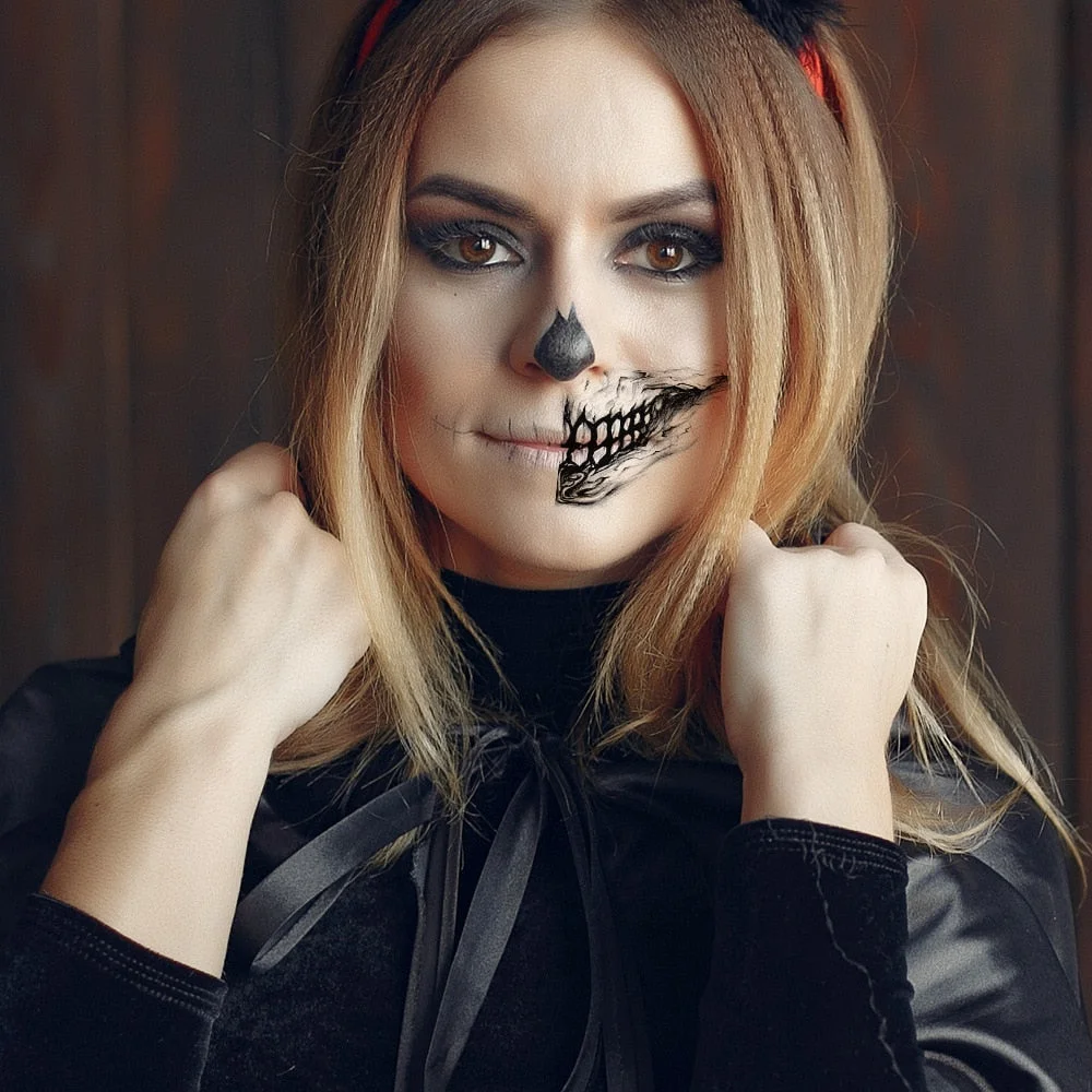 Halloween Stickers Face Temporary Tattoo Sticker for Man Boys Tattoo Body Art Tattoo Black Face Mouth Teeth Tattoo Sticker Sexy
