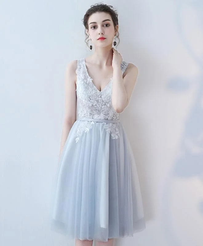 Cute V Neck Lace Tulle Short Prom Dress