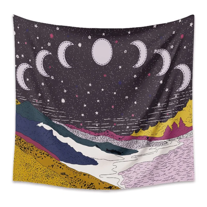 Mountain Tapestry Moon Phase Tapestry Wall Hanging Nature Starry Night Tapestries Forest Tree Aesthetic Tapestry for Room