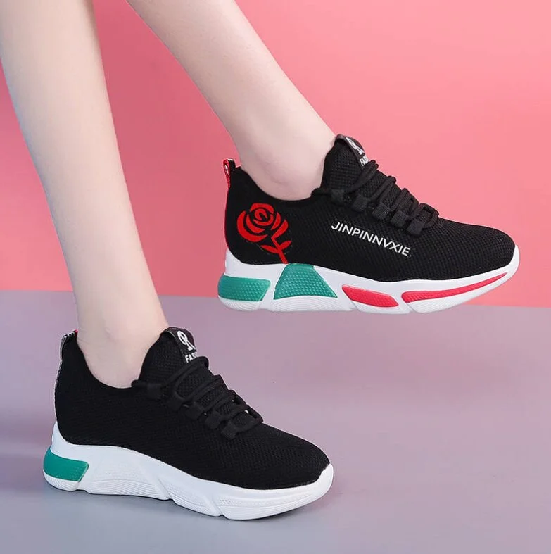 Women Breathable Platform Sneakers Fashion 2021 Spring New Lace-up Casual Shoes Women Vulcanized Shoes Black Shoes for Women