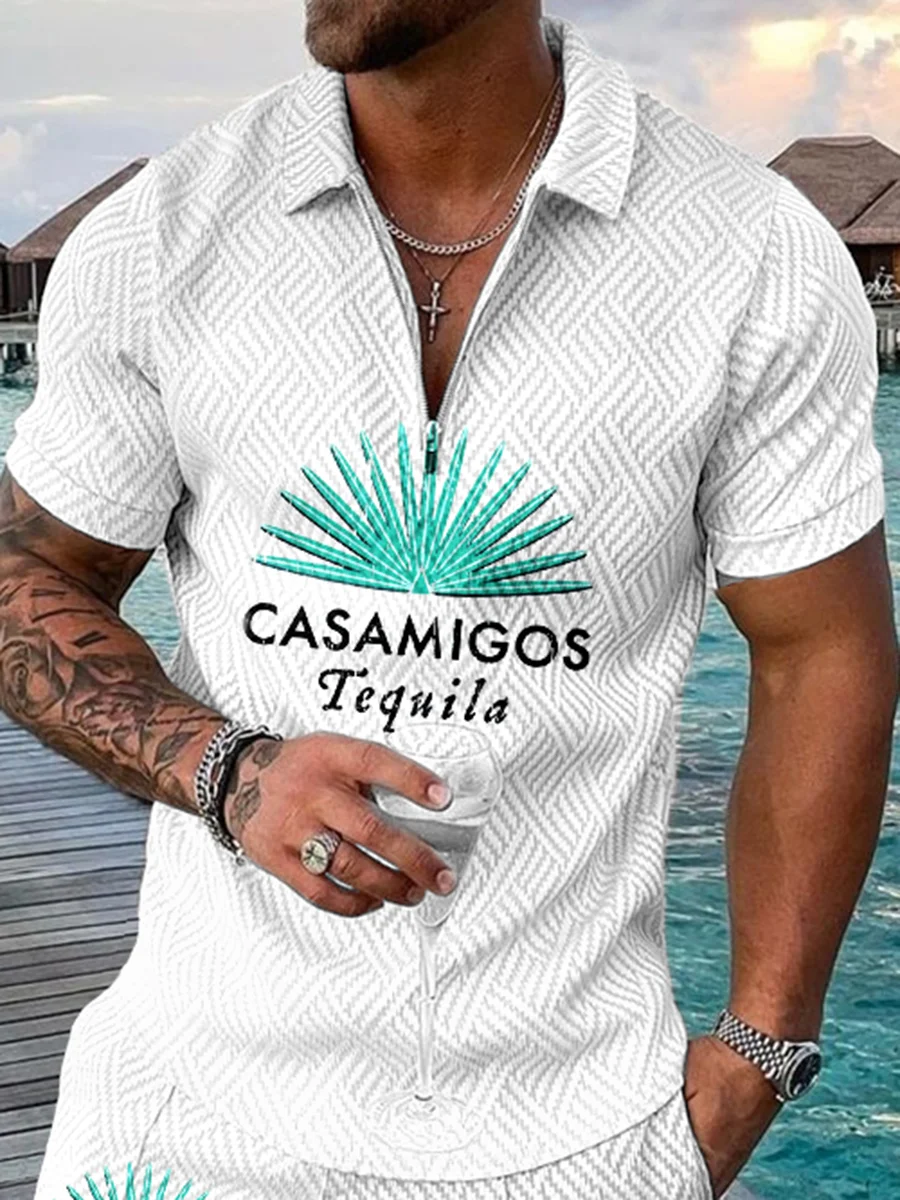 Men's Casual Contrast Tequila Printed Short Sleeve Polo Shirts
