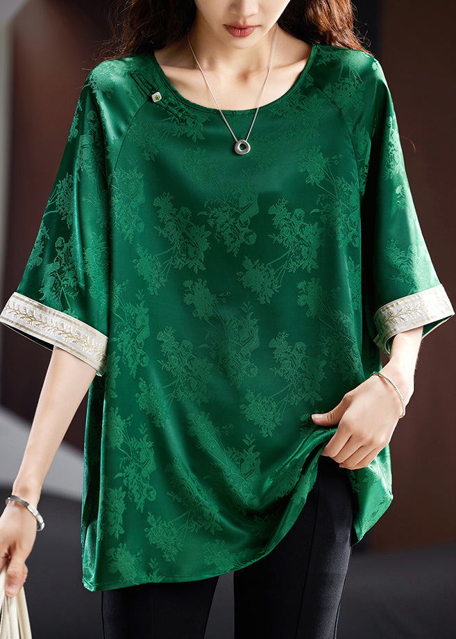 VCSHOES Loose Blackish Green O Neck Jacquard Silk Shirt Top Summer