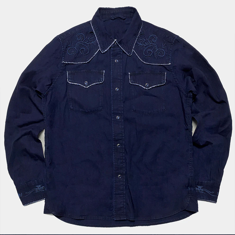 5.25OZ Dark Indigo Embroidered Western Denim Shirt