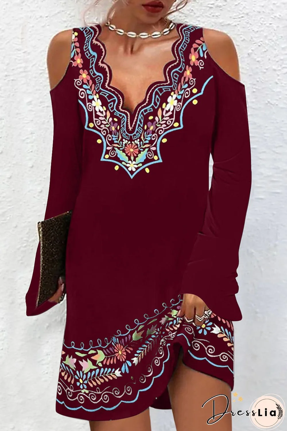 Fashion Casual National Totem Printing V Neck One Step Skirt Dresses(8 Colors)