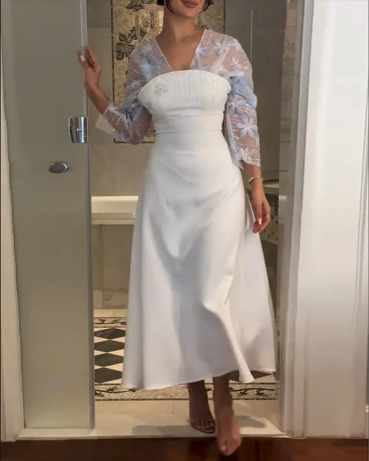 Women's V-neck mesh embroidery Dress