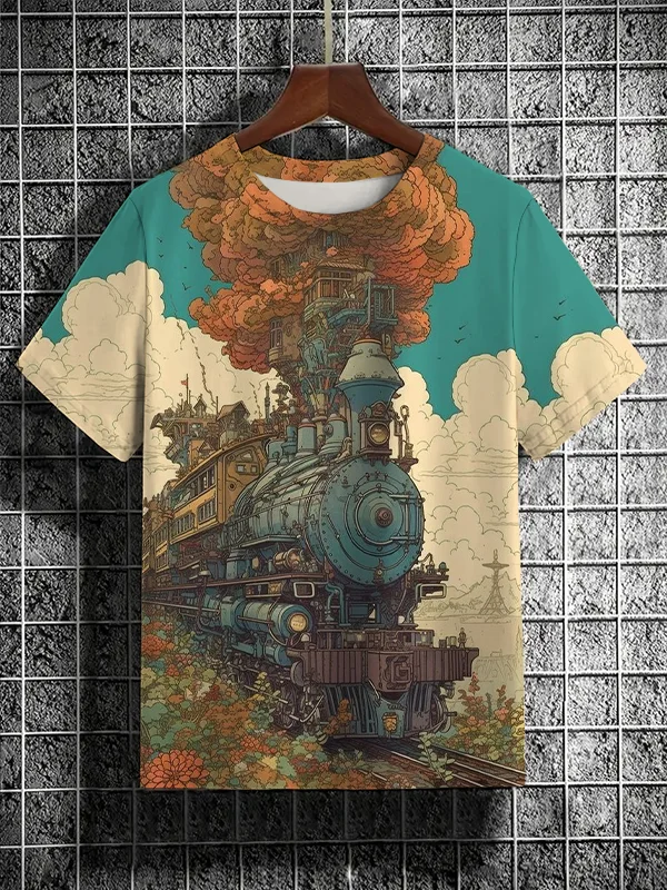 Men's Steam Train Multicolor Flowers Clouds Art Print Casual Short Sleeve T-Shirt