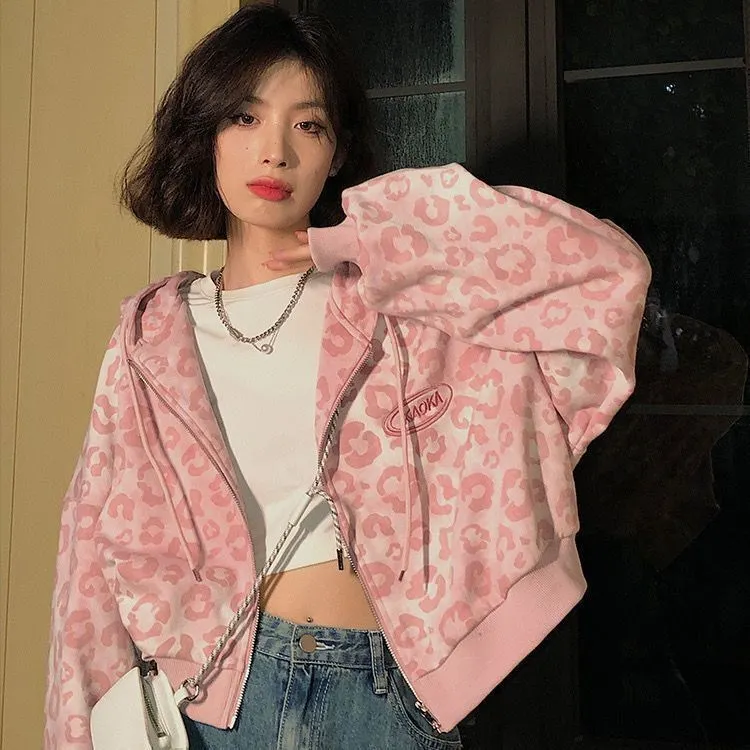 Women's Y2K Pink Leopard Print Cropped Zip Up Hoodie Long Sleeve Crop Sweatshirt