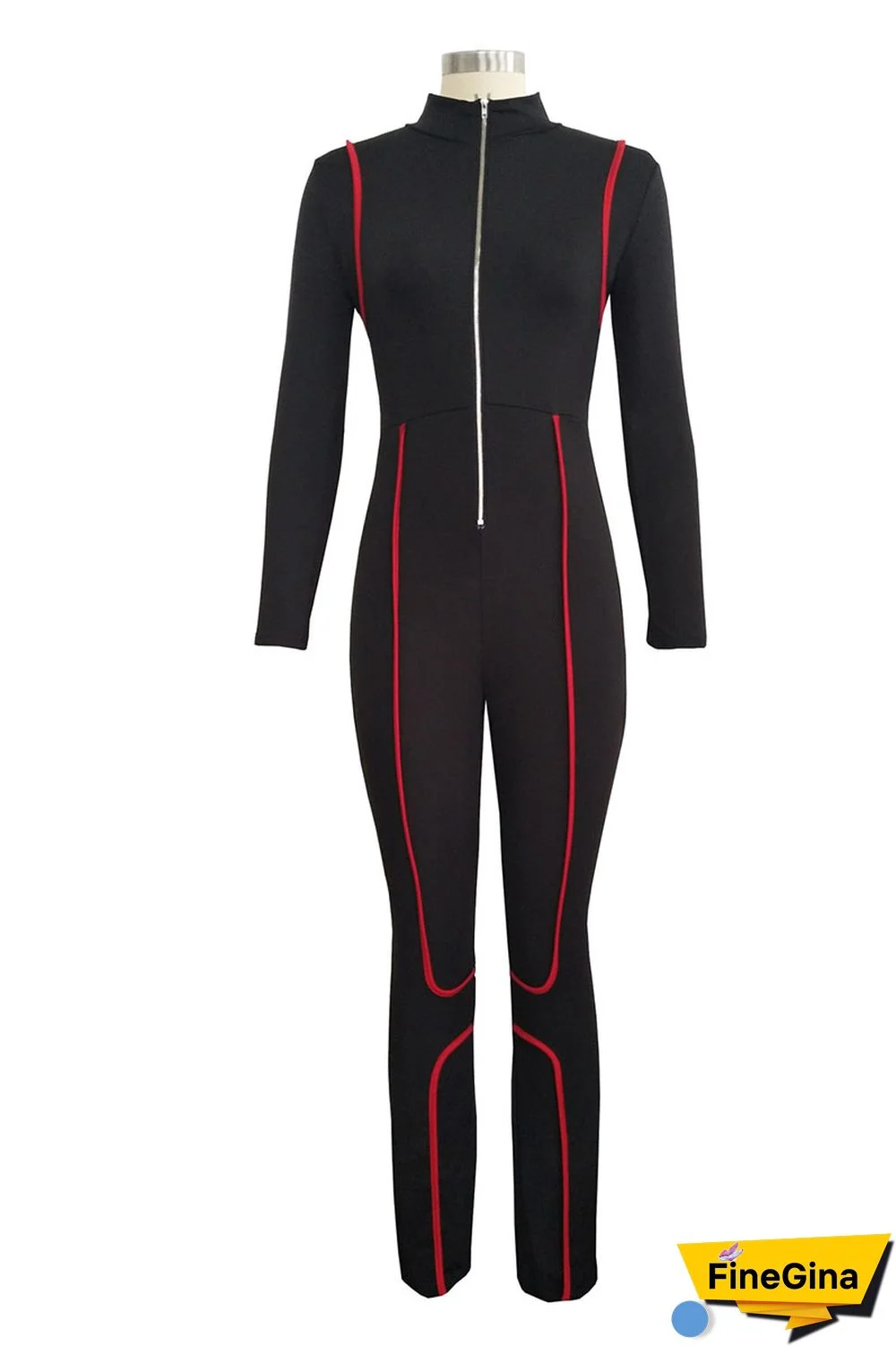 Burgundy Elastic Fly Long Sleeve Mid Print Skinny Pants Jumpsuits & Rompers