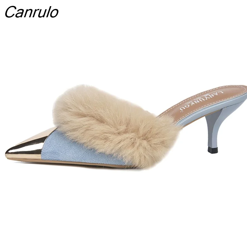 Canrulo Toe Women Fur Mules Slippers Summer Slides Women Fashion Party Dress Thin High Heel Shoes Ladies Sandals