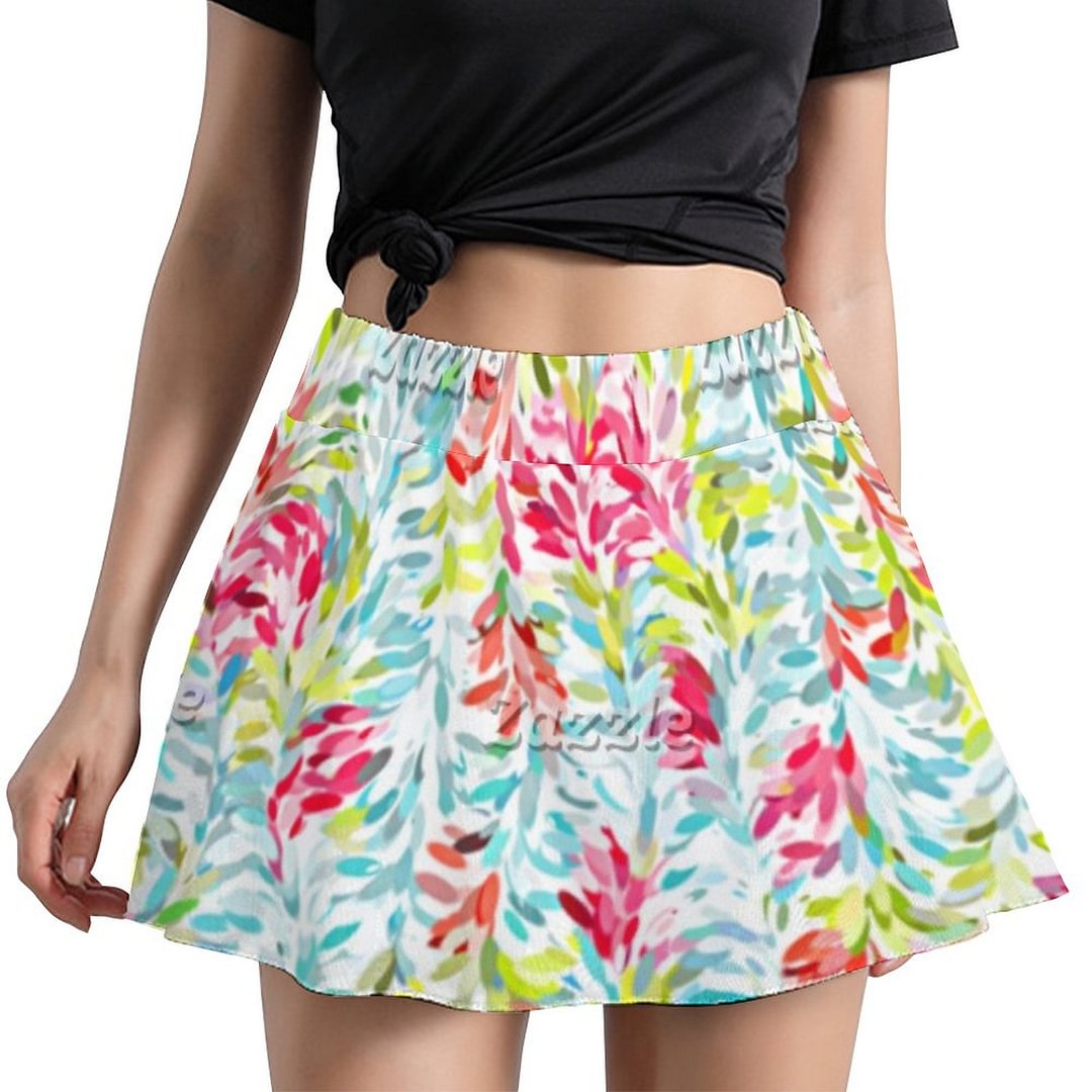 Funky Summer Colors Paint Splatter Art Pattern Women Flared Mini Skater Casual Elastic Waist Basic Skirt with Shorts - Neewho