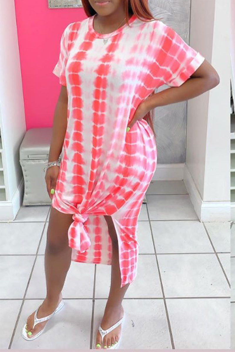Pink Casual Print Split Joint O Neck Straight Dresses