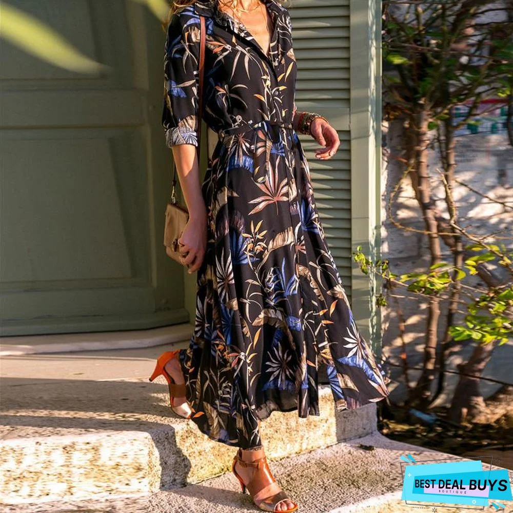 Autumn Printed Long Sleeve Lace Up Women's Dress Black Dresses