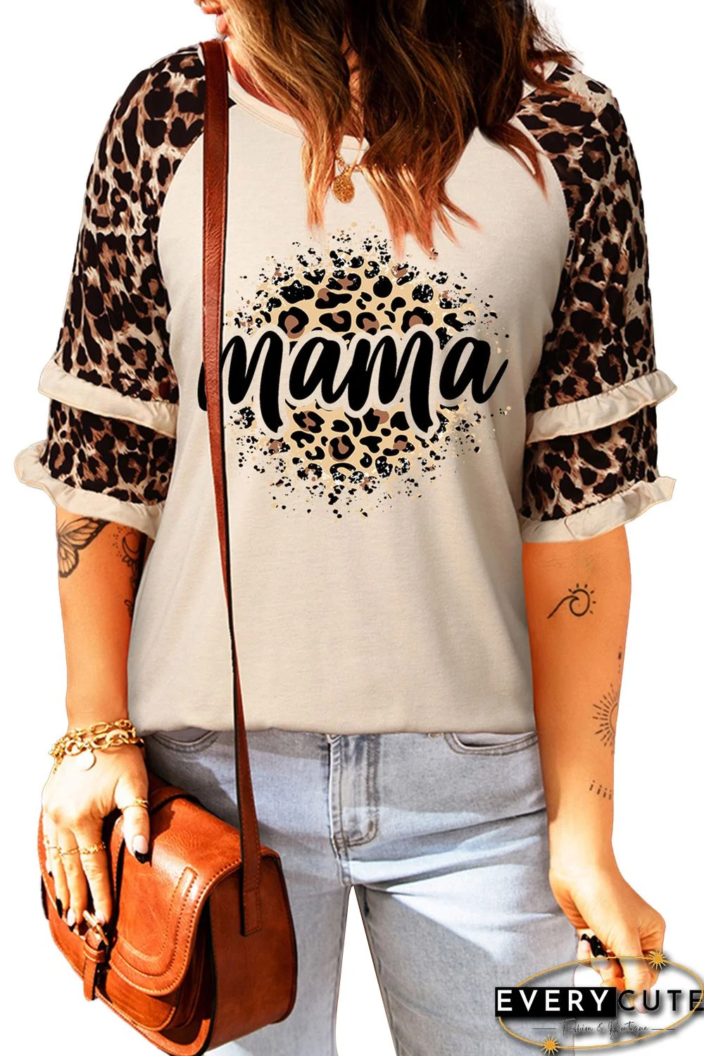 Apricot Mama Print Leopard Patchwork Tiered Half Sleeve Top