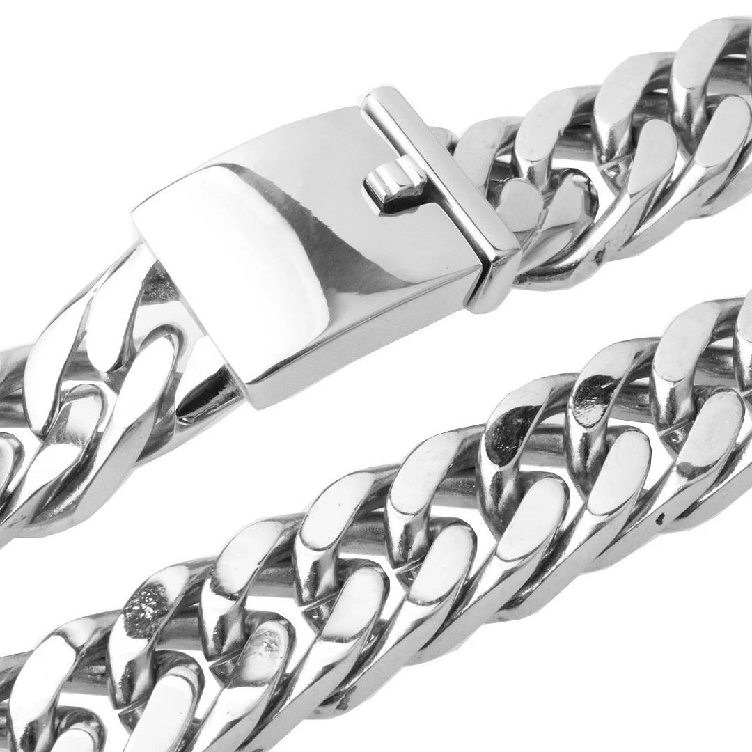 Sliver Miami Cuban Link Chain Set For Men Plated Titanium Stainless Steel 15mm Curb Bracelet Necklace Diamond Chains