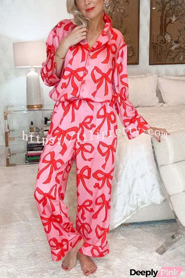 Give You A Surprise Gift Bow Printed Elastic Waist Pocketed Pajama Set