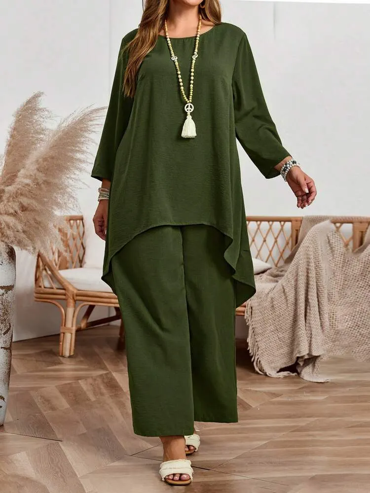 2pcs Plus Size Vacation Casual Solid Asymmetric Hem Long Sleeve Top And Pants Set