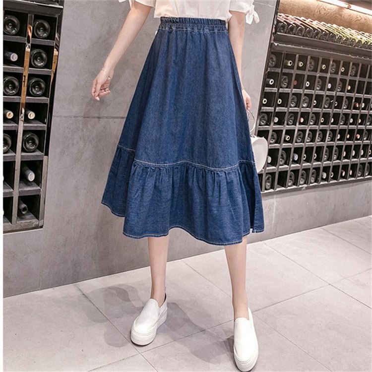 YOCALOR 2020 Preppy Style Women Denim Mid-Calf Skirts High Waist Plus Size Faldas Larga Women Button Jean School Skirt S1731