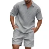 Men's Casual Waffle-Knit Solid-Color Polo Shirt & Tracksuit Set by Inlyline