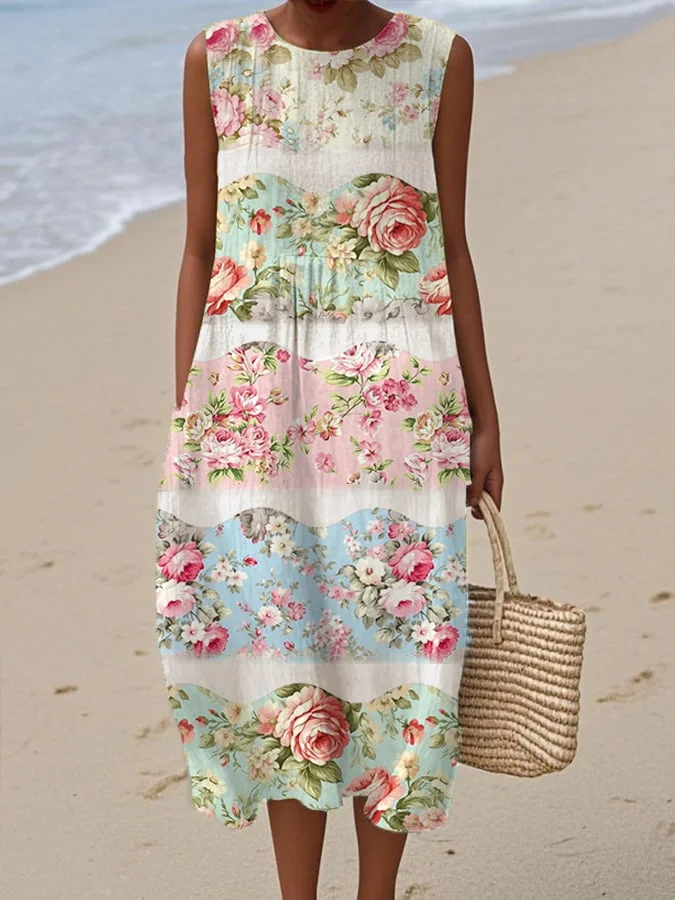 Women's Vintage Oil Painting Floral Print Dress 