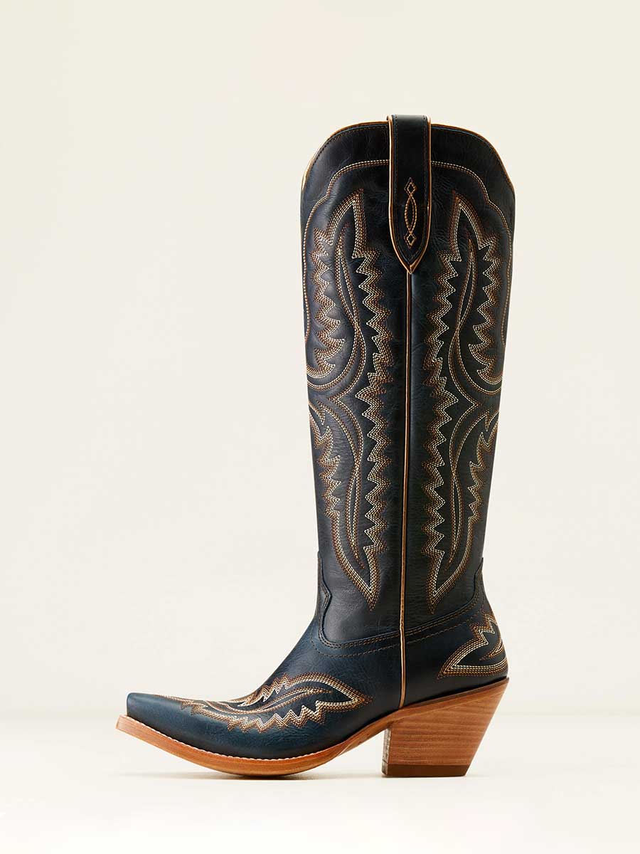 Black Vegan Leather Snip-Toe Colorful Embroidered Knee-High Cowgirl Boots  