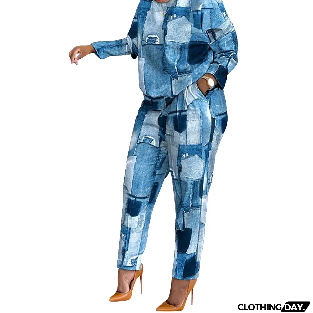 Casual Round Neck Long Sleeve Print Top Straight Pants Women Two Piece Set