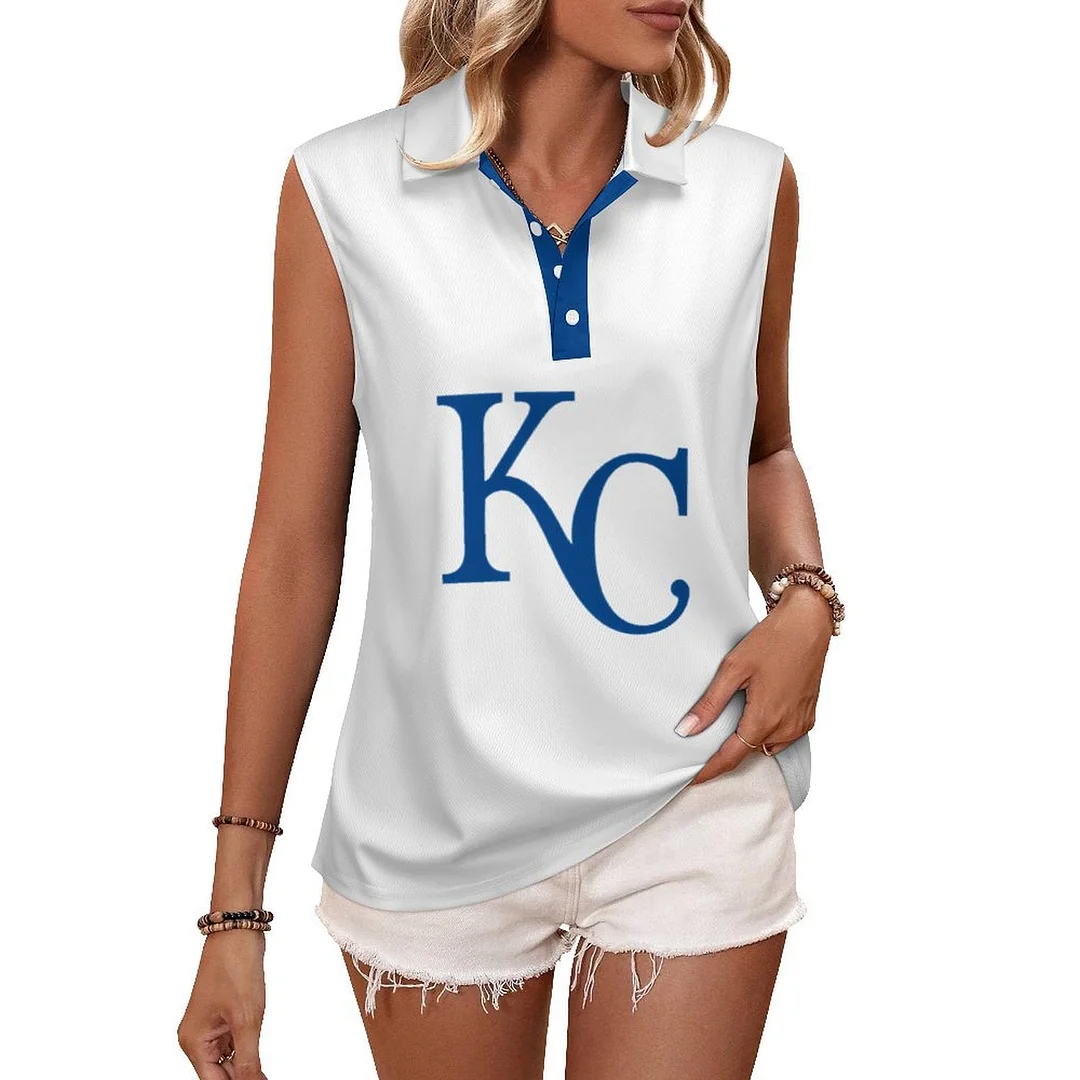 V-neck Sleeveless Casual POLO Shirt Tank Top for Women Printed with Pattern,Blue,Light Blue,Gold,White