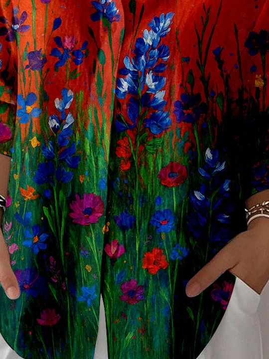 Women 3/4 Sleeve Shirt Collar Floral Printed Graphic Button Tops