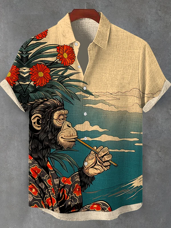 Men'S Monkey Kimono Samurai Ukiyo-e Landscape Art Print Shirt