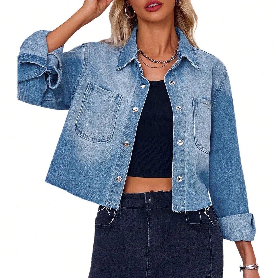 Women's Retro Style Lapel Denim Shirt Loose Long Sleeve Blouse with Pocket