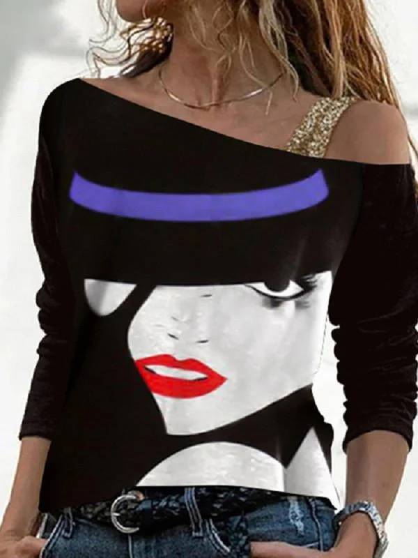 Women Long Sleeve One Shoulder Graphic Top